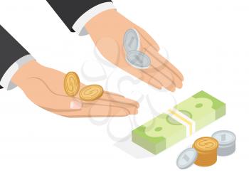 Offer of money isometric projection concept. Businessman hands point to banknotes pack and stack of coins vector on white. Loan proposition, donation or salary 3d illustration for business concept