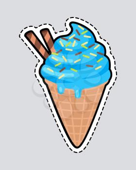 Ice cream with two candy sticks isolated. Patch. Cut out ice cream sticker. Blue ice cream with caramels. Confectionery childish illustration in flat design. Restaurant menu for children vector