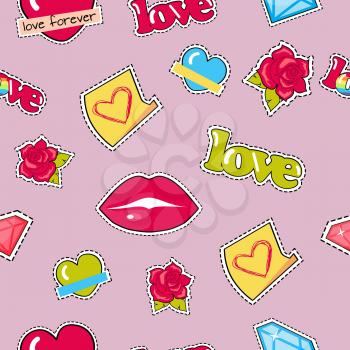 Seamless pattern with lips, roses, colorful hearts and diamonds patch. Textile fabric of objects with dashed line. Wrapping paper design for valentines day. Modern fashionable wallpaper. Vector