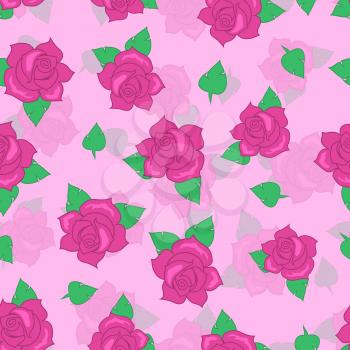 Pink rose with green leaves seamless pattern. Illustration of isolated big blossoms in cartoon style walllpaper, wrapping paper. Fashion decoration endless texture. Floral embellishment. Vector