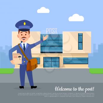 Welcome to the post web banner. Postman pointing on the post office with box package in hands. Modern building of mail postal service. World delivery concept vector poster in cartoon style
