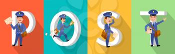 POST colourful poster with big white letters and mailman character set. Postman with envelopes, parcel hurrying and losing letters. Vertical vector pictures showing fast delivery by postmen