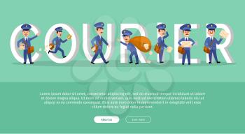 Courier conceptual web banner with cartoon postman characters. Postal couriers delivering letters and parcels flat vector illustration. Horizontal concept with mailman for mail service landing page