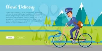 World delivery cartoon web banner. Postman in uniform with mailbag driving bicycle on mountain forest landscape flat vector illustration. Horizontal concept for mail or post company landing page