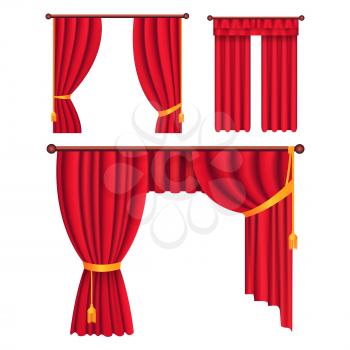 Heavy drapes of red fabric with gold tie back ribbon, tassels and lambrequin isolated vectors set.    Classic victorian curtains on cornice illustration for window dressing and interior design concept