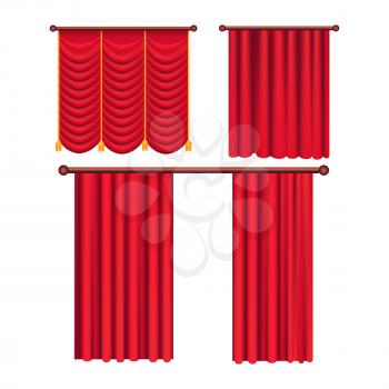 Scarlet pompous curtains collection on white. Vector poster in flat style of pelmets and curtains hanging on special curtain cornices. Set of colorful blind element for windows to protect sunshine