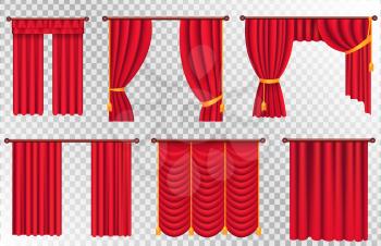 Red curtains set of different kinds and shapes on transparent background. Luxury scarlet silk curtains and draperies. Theatre decorations isolated vector illustration in realistic style