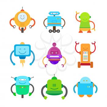 Funny robots set of friendly colorful androids of different shapes, abilities and faces isolated on white background. Cartoon smiling devices vector illustration. Cute retro droids big collection.