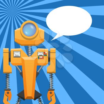 Orange retro robot with detectors, colorful buttons and blank text cloud on radially striped blue background. Artificial intelligence vector illustration. Robotics as aid technologies for humanity.