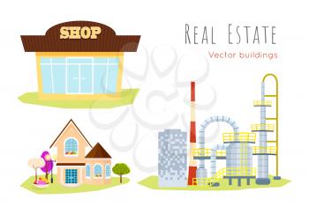 Real estate vector buildings on white. Shop store, family house with trees and huge plant. Collection of three buildings in cartoon style flat design. Process of selling, buying purchase illustration