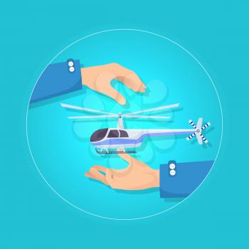 Fast modern blue and gray helicopter on blue background. Type of rotorcraft in which lift and thrust are supplied by rotors. Two hands present new aircraft insurance concept. Take care in flat style