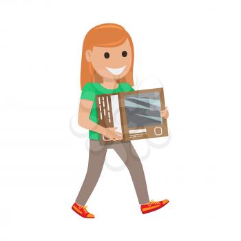 Redhead girl smiles, goes and carries box on white background. Cartoon girl has fun during shopping at supermarket. Shopping-themed isolated vector illustration of female character with box.