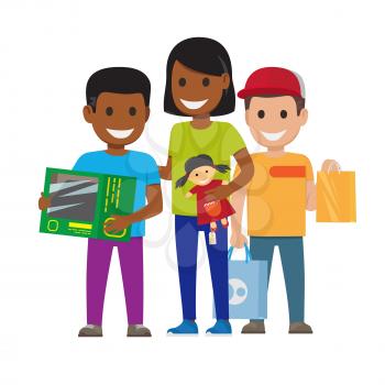 Cartoon set of three kids, who goes shopping. Sister with doll and two brothers with box and bags. International family. Family has good time during shopping. Shopping as pastime with family.