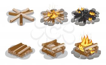 Gathered firewood collection for making bonfire. Vector flat poster of burning and still campfire and firewood set on white. Fireplace concept with camping woodpile in round and square shapes