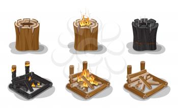 Campfire set isolated on white vector poster. Firewood put in square with and without flame, cleft stumps with fire or red sparks. Stages of making burning fire concept in flat realistic design.