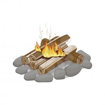Start of firewood burning. Campfire bonfire surrounded by stones on white background. Firewood element with wood piles. Outdoor pastime on nature. Isolated vector illustration of fire in cartoon style