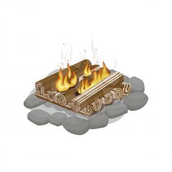 Start of firewood burning. Campfire bonfire surrounded by stones on white background. Firewood element with wood piles. Outdoor pastime on nature. Isolated vector illustration of fire in cartoon style