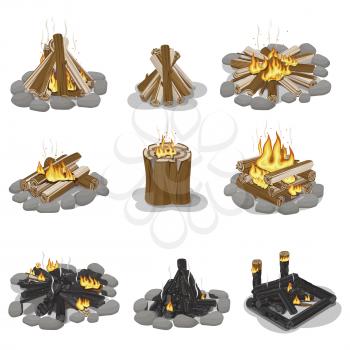 Burning campfire logs collection isolated on white. Vector poster of wood pieces with fire put in various positions with and without grey stones. Touristic burning firewood set in flat design