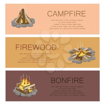 Campfire firewood and bonfire colorful poster. Vector collection of touristic fire with flame kinds pictures with frame of grey stones, burning flame and wooden logs. Burning bonfire template
