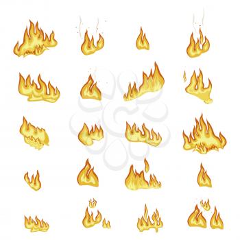 Fire flame signs collection on white background. Hot explosive yellow-orange elements for camp firewood. Vector poster in flat design of burning wavy flame with sparks signs realistic design