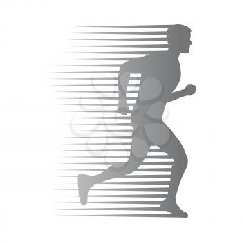 Silhouette of isolated running man with moving lines on white. Athletic logotype of quickly running person. Sport lifestyle colourless vector illustration. Motion movement in cartoon style flat design