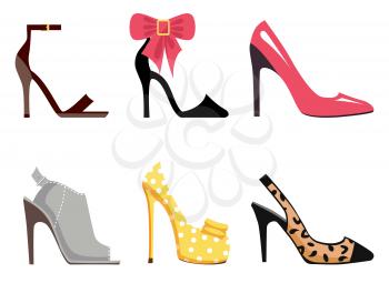 Female footwear set of six different shoes Ankle Strap, Scarpin, Stiletto, Mules, Pump and Slingback shoes on white background. Vector illustration of women s shoes. Fashionable shoes with high heels.