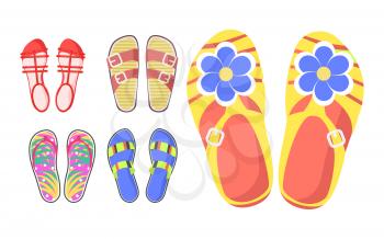 Set of summer shoes in cartoon style flat design isolated on white. Vector illustration of slippers with buckles and flowers, thongs with leaves and red sandals. Web banner of aestival women footwear.