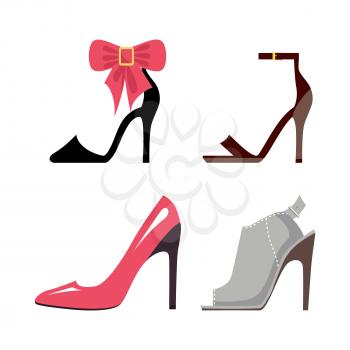 Women high-heeled shoes collection. Stylish hoe with big bow, elegant ankle straps, pink stilettos and stylish mules isolated on white background. Fashionable women footgear vector illustration.