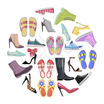 Collection of shoes in round frame banner isolated vector. Footgear for hot summer, warm spring, rainy autumn and cold winter. Elegant stilettos, running sneakers, casual flip-flops and warm boots.