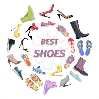 Set of best shoes for man and woman flat design. Vector illustration of black rubber boots or gumboots, low shoes, high-heeled shoes for women, flip flops, different sandals, gym shoes and sneakers.