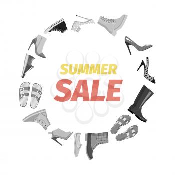 Summer sale advertisement banner vector. Footgear for hot summer, warm spring, rainy autumn and cold winter. Discount for elegant stilettos, running sneakers, casual flip-flops and warm boots.