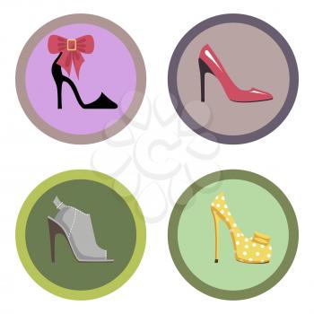 Stylish high-heeled shoes collection. Modern shoe with big bow, pink stilettos, bright pump shoe and stylish mules isolated on white background. Fashionable feminine footgear vector illustration.