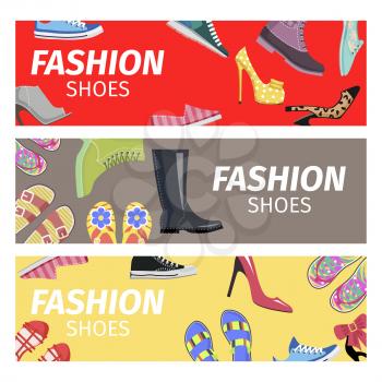 Fashion shoes bright advertising poster of red, grey and yellow color. Trendy shoes shop promotion signboard vector illustration. Footgear for hot summer, warm spring, rainy autumn and cold winter.