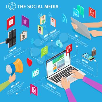 Social media in modern technologies on blue background with fast messenger, high-speed wi-fi, easy login, available internet, follow and online signs and icons. Devices and apps vector illustration.