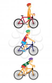 Bicyclists people on bikes or near bike. Cyclists set in flat. Bicyclists men in sports uniforms and bike helmets. Character design. Sport and healthy. Young racing bicyclist on white background