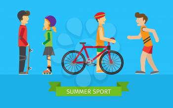 Summer sport. Children on the playground. Boy skateboarder, girl rollerblading, guy near the bike and runner. Active way of life concept. People going in for sport. Sportive teenagers banner. Vector