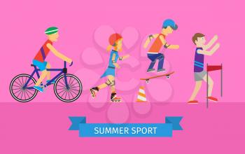 Sport set of man and woman. Boys and girls roller skate and skateboarding and cycling flat design style. People run in the competition. Skateboarder, girl rollerblading, guy near the bike and runner.