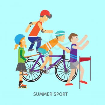 Summer sport vector concept. People in sportswear running, riding bike, skate rollers, skateboard. Victory in sport competition. Moving activity and healthy life. For sport concept, ad, web design