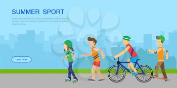 Summer sport banner. People in sports uniforms riding a bike, roller skating, skateboarding and running on background of urban landscape. Summer vacation, healthy lifestyle, leisure activities
