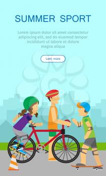 Vertical summer sport banner. Healthy lifestyle fun concept. People in sports uniforms and helmets riding a bike, roller skating and skateboarding on background of urban landscape. Leisure activities