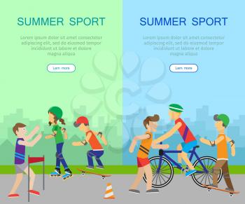 Two summer sport banners. People in sports uniforms riding a bike, roller skating, skateboarding and running on background of urban landscape. Summer vacation, healthy lifestyle, leisure activities