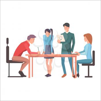 Launching of new idea in startup flat design isolated on white. Worker pondering on creation of new concept of company. Managers standing and two guys sitting at desk. Vector illustration web banner.