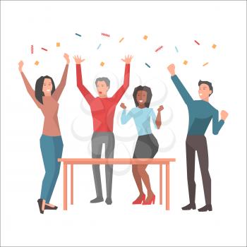 Young people having fun and startuping varicolored confetti on white background. Happy workers, men and two girls dancing near wooden table. Vector illustration web banner cartoon style.