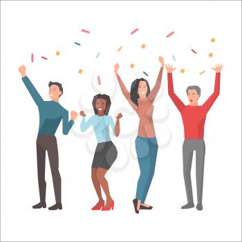 Team of two women and two men raises their hands up to show their accomplishment isolated on white background with confetti. Vector illustration of startup success, teamwork and cooperation.