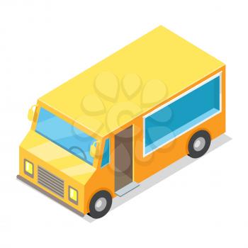Yellow waggon for implementation of street food in cartoon style isolated on white. For convenience in meal preparation and sale is showcase and entrance door. Flat design vector illustration.