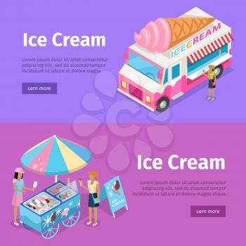 Ice cream mobile umbrella cart and minivan poster with violet backgrounds. Vector web illustration in cartoon style of faceless people buying and selling ice near colourful moving transports.