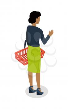 Woman with empty shopping basket standing backwards isometric vector. Shopping daily products concept isolated on white background. Female character template make purchases in grocery store icon