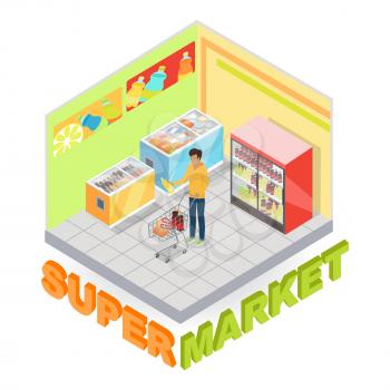 Supermarket interior with buyer in isometric projection. Customer choosing goods in grocery store trading hall vector illustration. Daily products shopping 3d concept isolated on white background