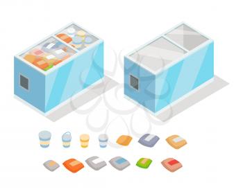 Frozen food in shop freezer isometric vector illustration. Chilled products on supermarket fridge 3d model isolated on white background. Full and empty groceries refrigerator isometry for games, apps 