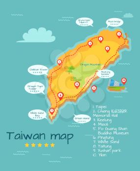Cartoon Taiwan map of famous places of interest with five-star rating. Big sightseeing tour round Chinese island. Geographical object in Pacific Ocean vector illustration. Travel to Oriental country.